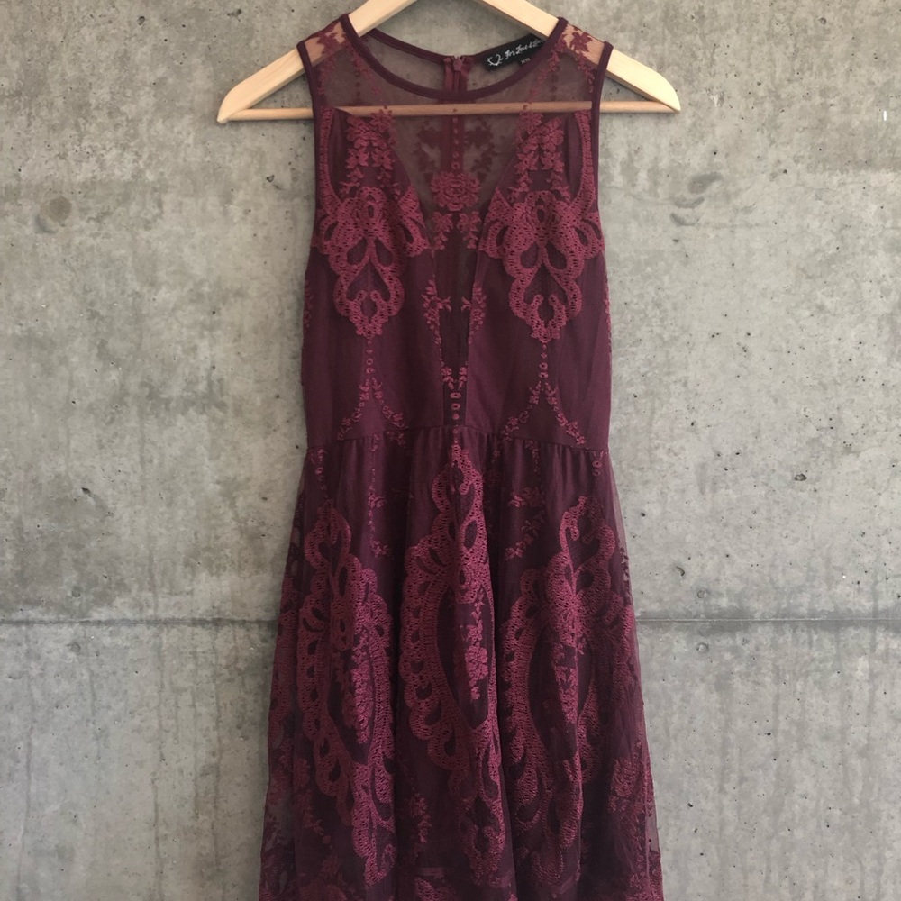 Maroon, lace dress with scalloped hem